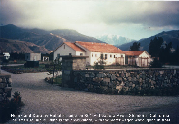 Heinz and Dorothy Rubel's home on 861 East Leadora Ave., Glendora, California, in 1939. The observatoriy can be seen in the background with the gong made from the water wagon wheel in front.